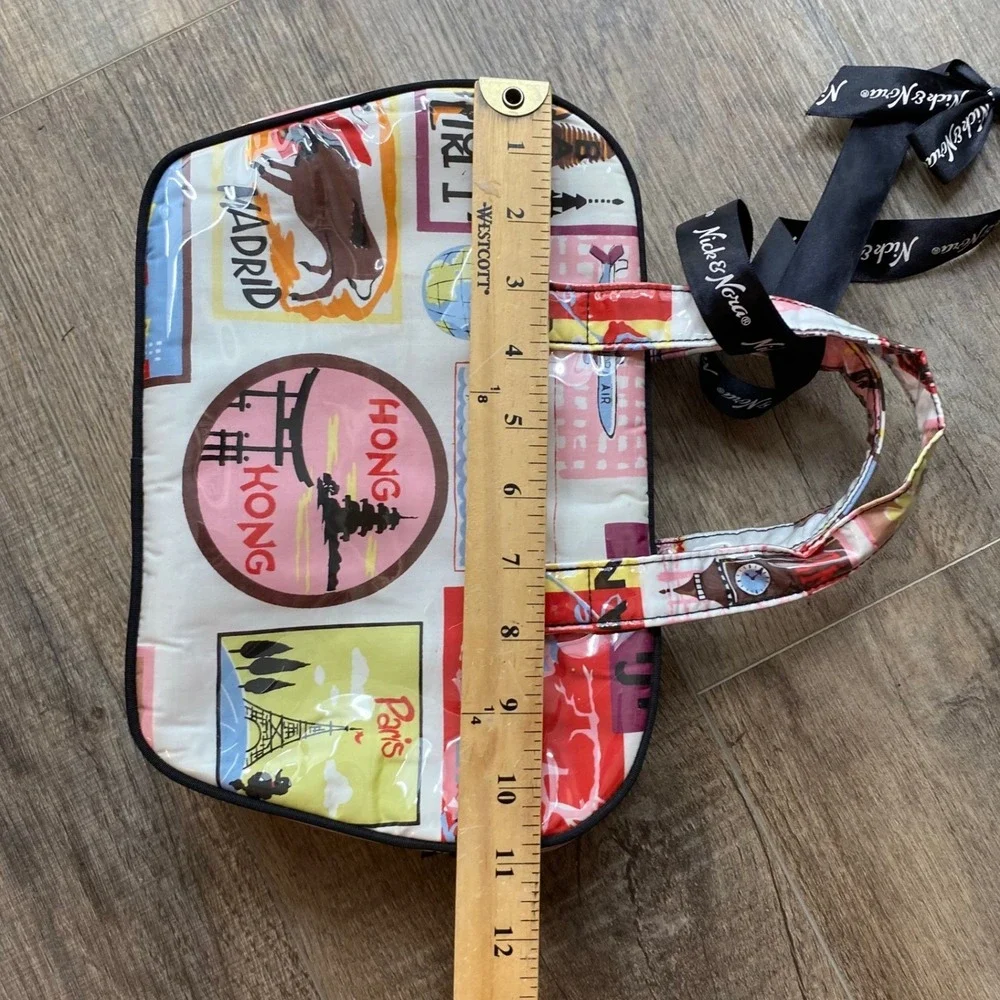 Nick & Nora Travel Stamp Print Cosmetic Bag Vinyl World Tour Multicolor Ribbon